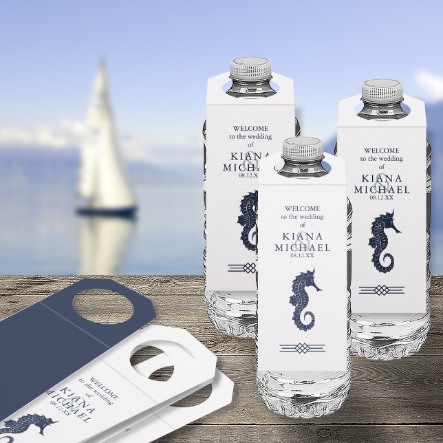 Blue Wave Seepferd Wedding ID836 Flasche Hanger Ta Flaschenanhänger (Front/Back In Situ)