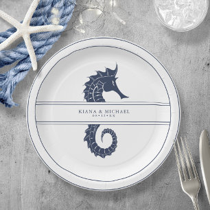 Blue Wave Seepferd Wedding Navy/Wht ID836 Pappteller