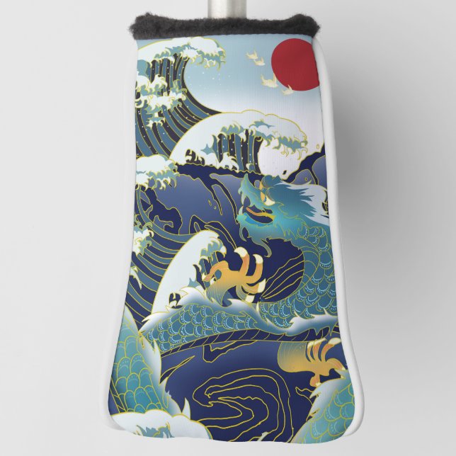 Blue Waves Green Dragon Red Sun Golf Head Cover Headcover (Rotieren 90)