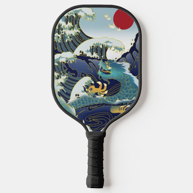 Blue Waves Green Dragon Red Sun Pickleball Paddle (Rückseite)