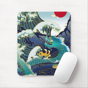 Blue Waves Green Dragon Red Sun Skateboard Mousepad