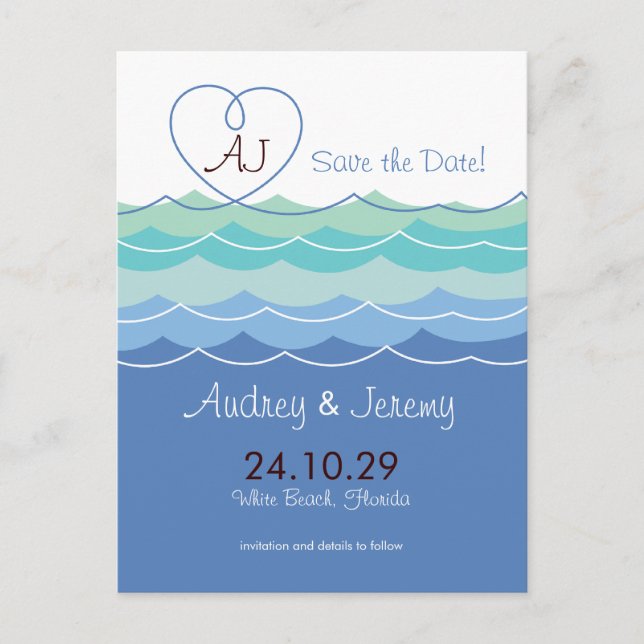 Blue Waves Loopy Heart Beach Modern Save the Date Ankündigungspostkarte (Vorderseite)