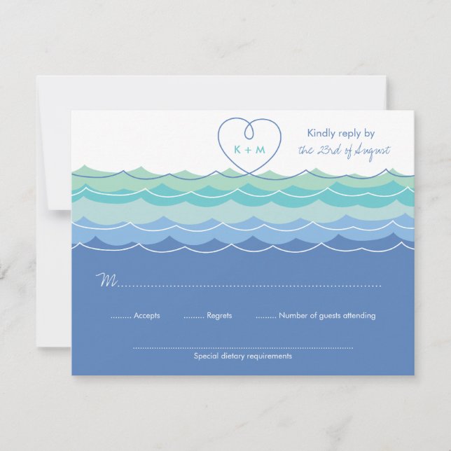 Blue Waves Loopy Heart Beach Wedding RSVP Card Karte (Vorderseite)