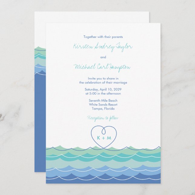 Blue Waves Modern Loopy Heart Beach Hochzeit Einla Einladung (Vorne/Hinten)