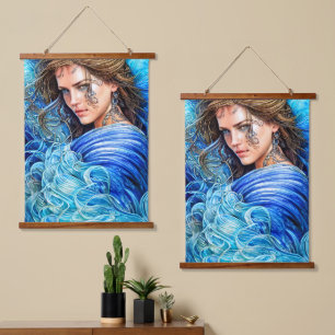 Blue Waves Ocean Goddess Fantasy Art Wandteppich Mit Holzrahmen