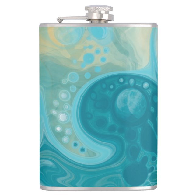 Blue Waves und Sandy Brown Fluid Art Flachmann (Vorderseite)