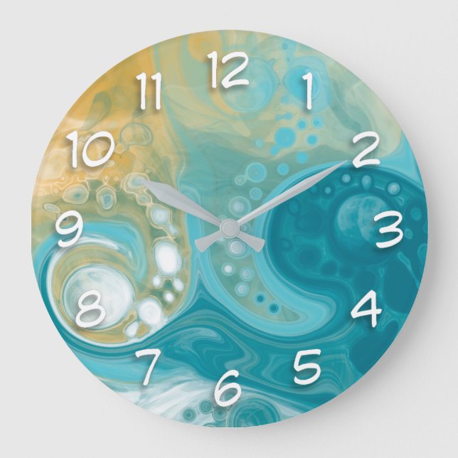 Blue Waves und Sandy Brown Fluid Art Große Wanduhr (Vorderseite)