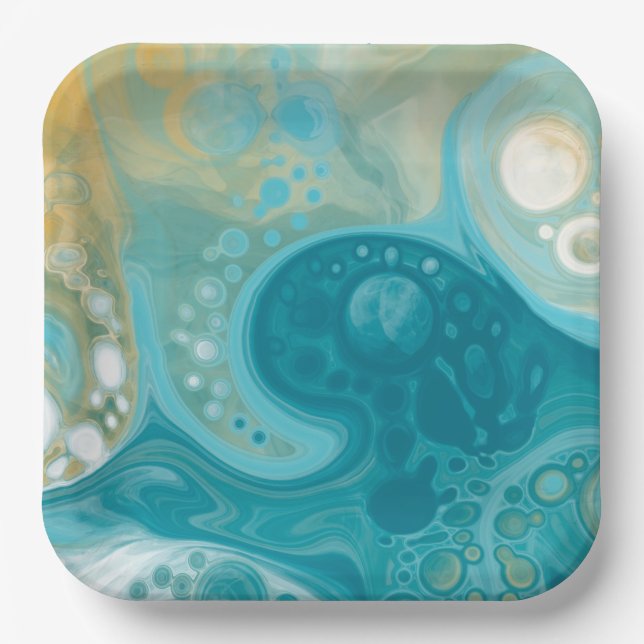 Blue Waves und Sandy Brown Fluid Art Pappteller (Vorderseite)
