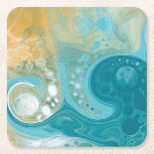 Blue Waves und Sandy Brown Fluid Art Rechteckiger Pappuntersetzer