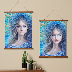 Blue Wavy Hair Fantasy Girl Abstrakte Kunst Wandteppich Mit Holzrahmen