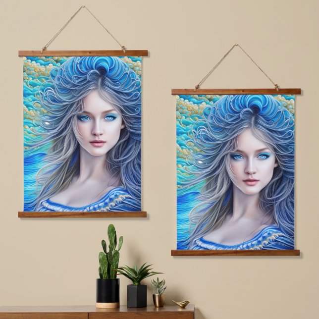 Blue Wavy Hair Fantasy Girl Abstrakte Kunst Wandteppich Mit Holzrahmen (Asymmetrisch)
