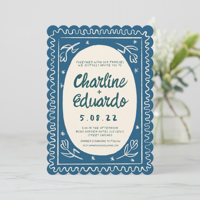 Blue Wavy Handwriting Moderne Hochzeit Einladung (Von Creator hochgeladen)