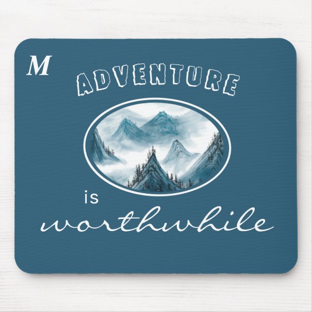 Blue Wavy Mountain Monogram Inspiriere Zitat Mousepad (Vorne)