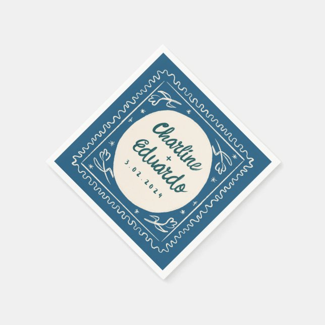 Blue Wavy Pastel Handwriting Retro Wedkins Serviette (Ecke)