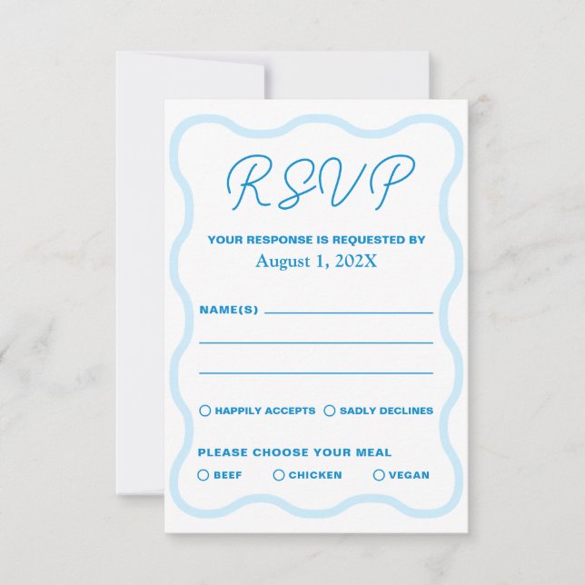 Blue Wavy Retro Wedding RSVP Karte (Vorderseite)