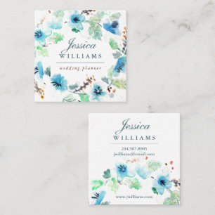 Blue Wcolor Floral Wreath Business Card Quadratische Visitenkarte
