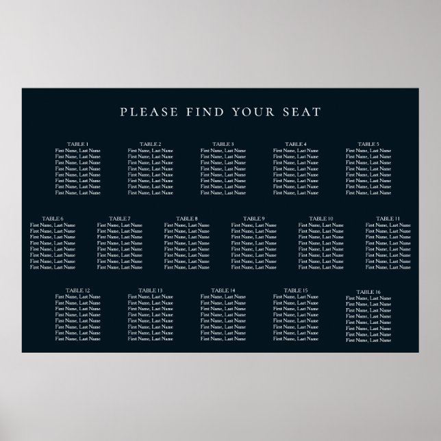 Blue Wedding 16 Table Seating Chart Poster (Vorne)