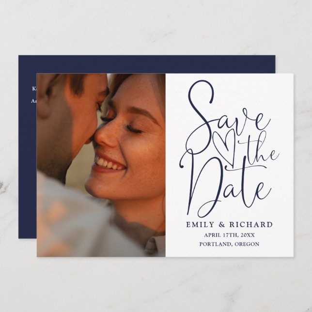 Blue Wedding 2 Foto QR Code Elegantes Skript Save The Date (Vorne/Hinten)