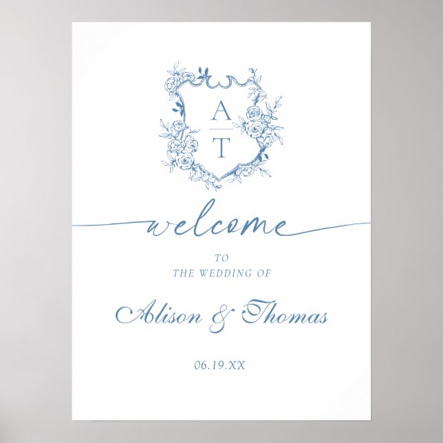 Blue Wedding Classic Monogram Welcome Poster (Vorne)