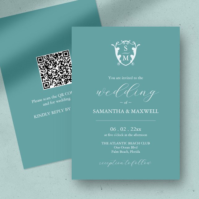 Blue Wedding Einladung mit QR Code (QR code wedding invitation blue minimalistic custom monogram crest )