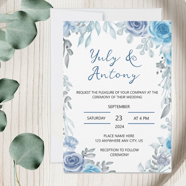 Blue wedding Invitación para boda azul floral Einladung (Tarjeta floral tonos azul y gris acuarela)