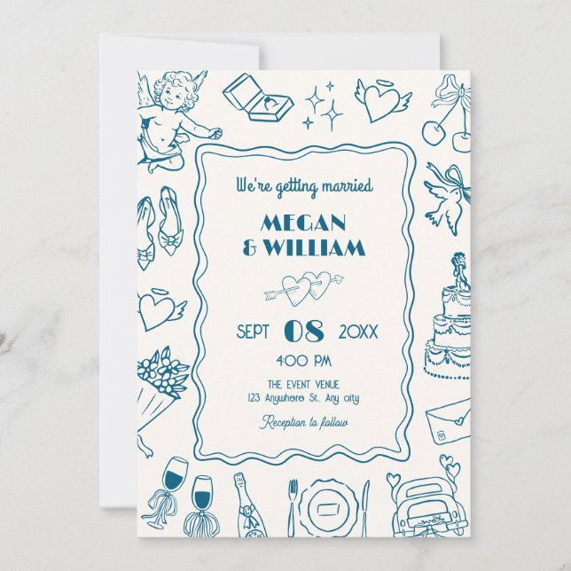 Blue Wedding Line Sketch Spaß Einladung (Vorderseite)