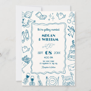 Blue Wedding Line Sketch Spaß Einladung