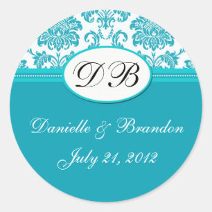 Blue Wedding Monogram Damask Siegel Runder Aufkleber
