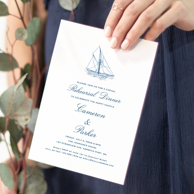 Blue Wedding Probe Dinner mit Sailboat Navy Einladung (Navy Blue Sailboat Casual Rehearsal Dinner invitation for a Coastal Chic Wedding by Concertina Press)