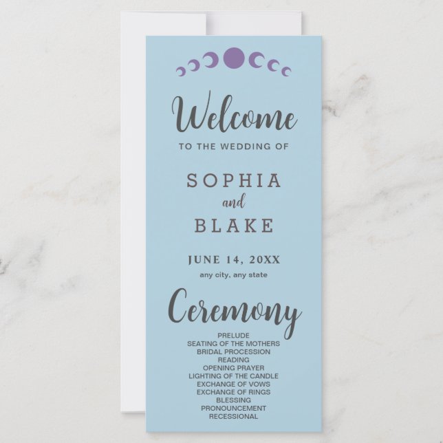 Blue Wedding Program für lila Mondphasen (Vorderseite)