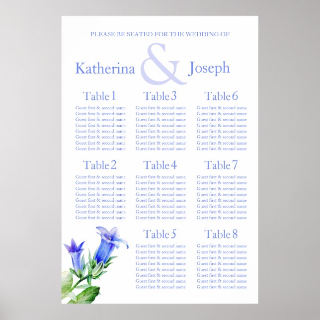 Blue Wedding Seating Table Planner 1-8 Poster (Vorne)