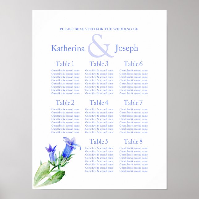 Blue Wedding Seating Table Planner 1-8 Poster (Vorne)