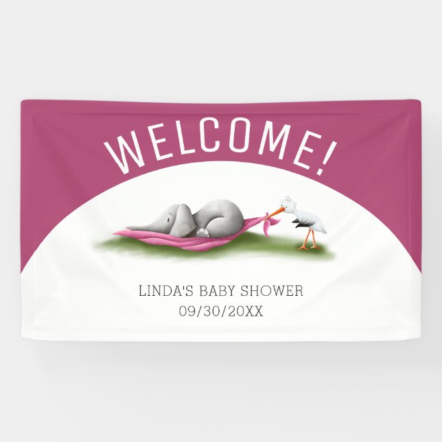 Blue Welcome Elephant Girl Baby Duschbanner Banner (Horizontal)