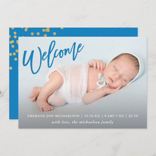 Blue Welcome Imitate Gold Confetti Baby Boy Birth Ankündigung (Vorne/Hinten)