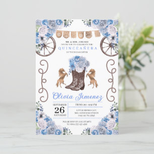 Blue Western Charra Floral Boots Quinceañera Einladung