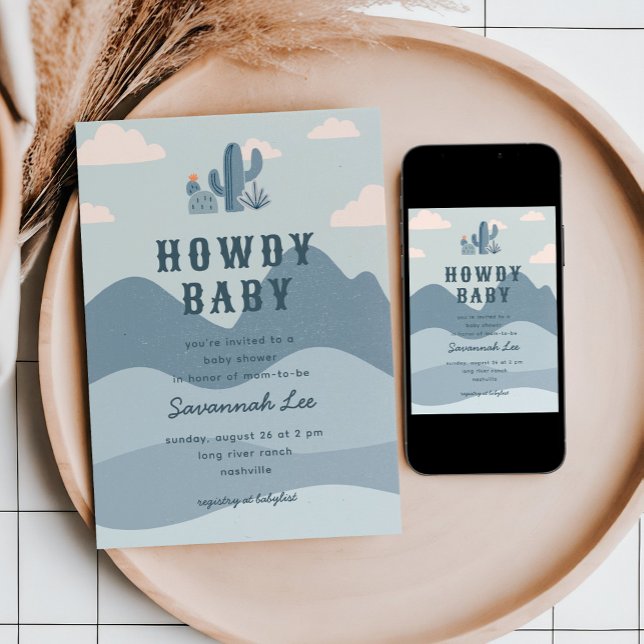 Blue Western Desert Cactus Baby Shower Einladung (Desert themed baby shower invitation with cute cactus illustrations)