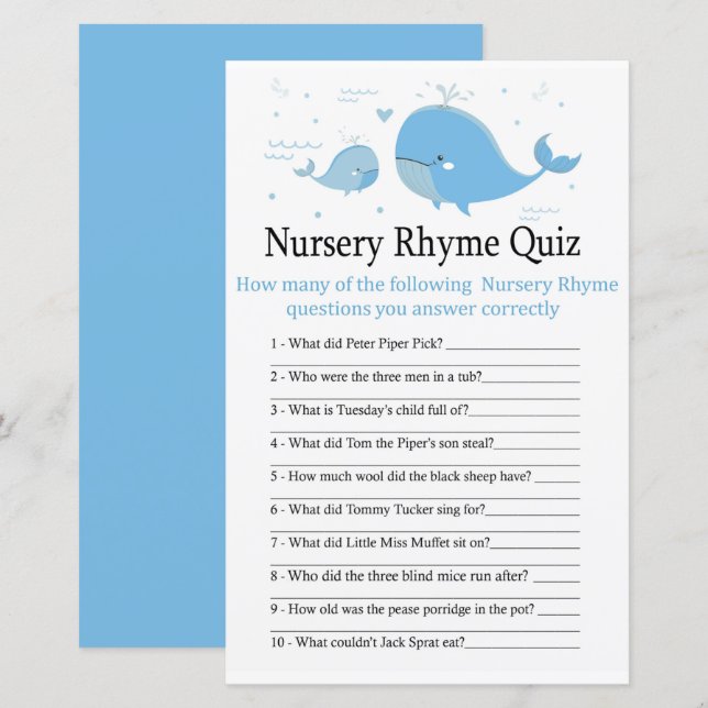 Blue Whale Kinderzimmer Rhyme Quiz Babydusche (Vorne/Hinten)