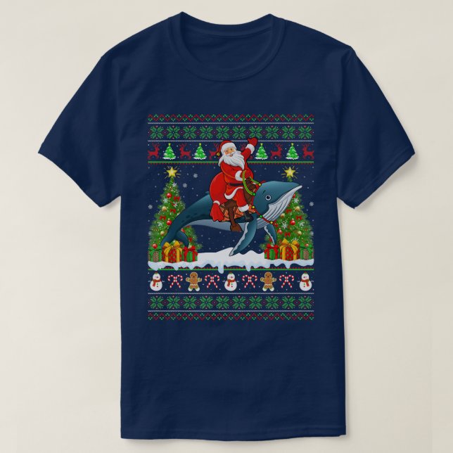 Blue Whale Lover Ugly Santa Riding Blue Whale Chri T-Shirt (Design vorne)