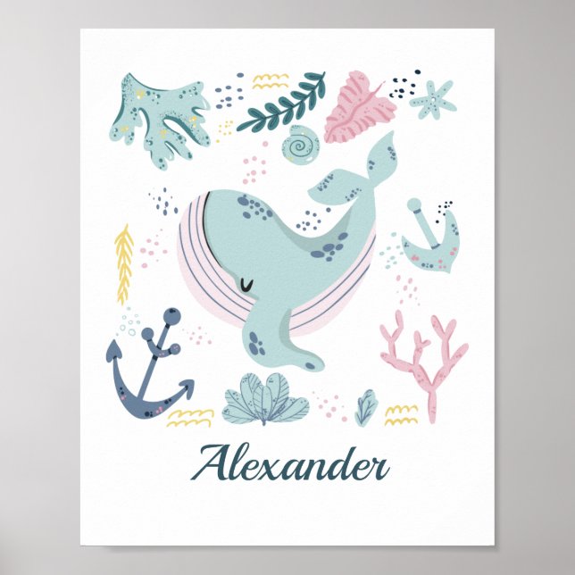 Blue Whale Sea Life Kinderzimmer Wall Art Babygesc Poster (Vorne)