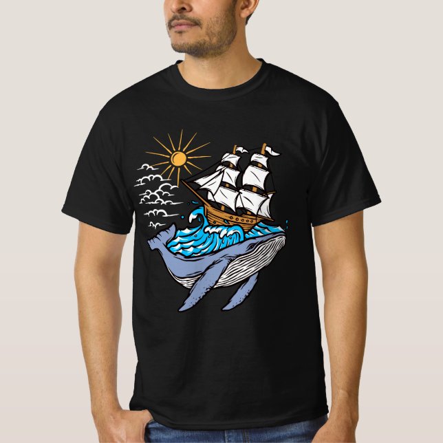 Blue Whale Segelschiff Wave Nautical Theme T-Shirt (Vorderseite)