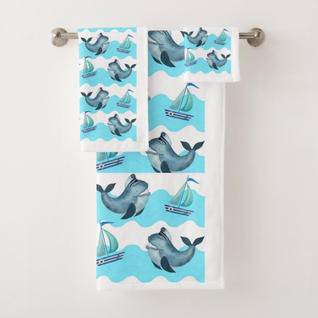 Blue Whales and Sailboats  Badhandtuch Set (Insitu)