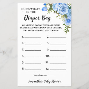 Blue Whats in the Diaper Bag Baby Shower Game Card Flyer