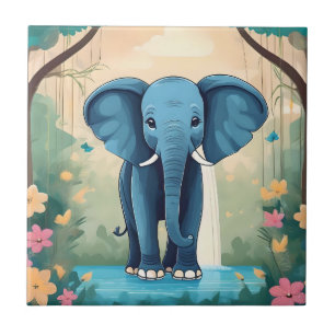 Blue Whimsical Baby Elephant, Fliese