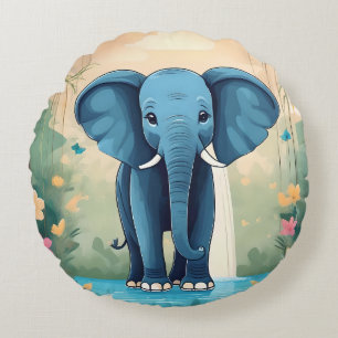 Blue Whimsical Baby Elephant, Rundes Kissen