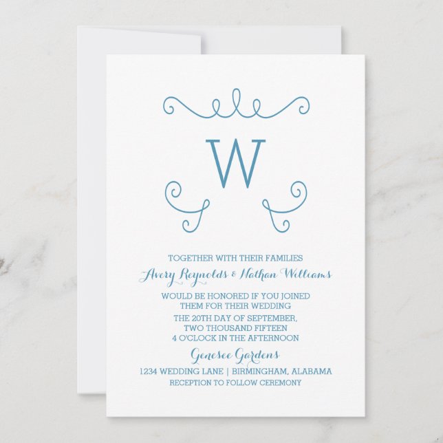 Blue Whimsical Blüh Monogram Wedite Invite Einladung (Vorderseite)