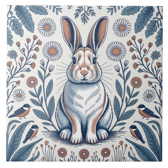 Blue Whimsical Bunny Rabbit Floral Design Fliese (Vorderseite)
