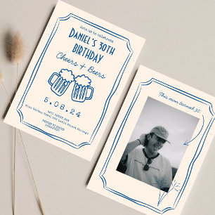 Blue Whimsical Funky Cheers Beers 30. Geburtstag Einladung