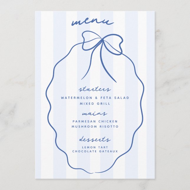 Blue Whimsical Hand Drawn Bow Wedding Menu Menükarte (Vorderseite)