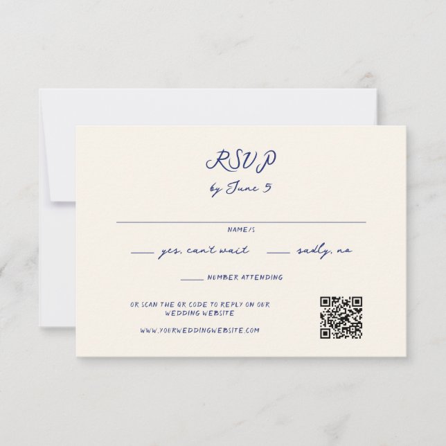 Blue Whimsical Handwriting Wedding QR Code RSVP Karte (Vorderseite)