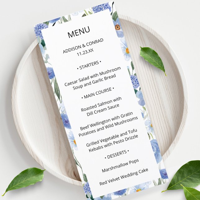 Blue Whimsical Watercolor Garden Wedding Menu Menükarte (Von Creator hochgeladen)